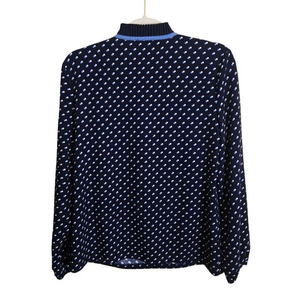 Talbots Blue White High Ruffled Collar Tie Neck Blouse Size M - Picture 3 of 8